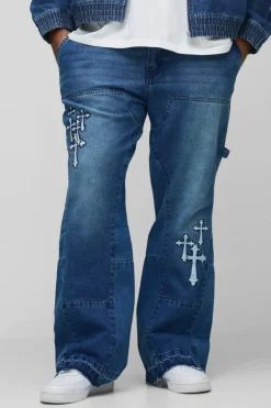 Discount boohooMAN Plus Gothic Cross Applique Carpenter Gusset Jeans mid wash