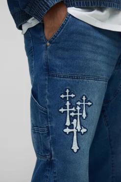 Discount boohooMAN Plus Gothic Cross Applique Carpenter Gusset Jeans mid wash