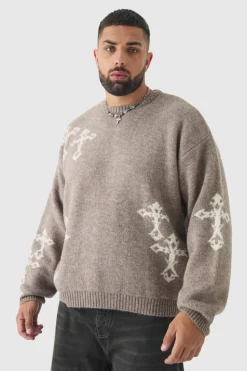 Best boohooMAN Plus Gothic Cross Oversized Fluffy Knitted Sweat stone