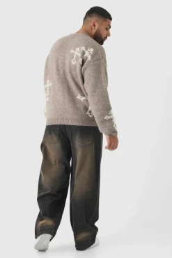 Best boohooMAN Plus Gothic Cross Oversized Fluffy Knitted Sweat stone