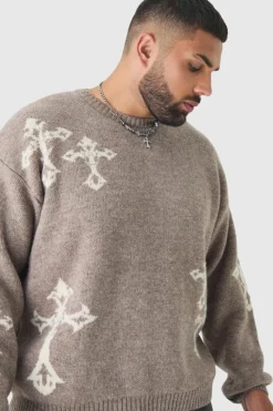 Best boohooMAN Plus Gothic Cross Oversized Fluffy Knitted Sweat stone