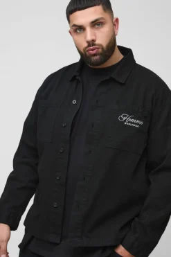 Sale boohooMAN Plus Heavyweight Embroidered Overshirt washed black