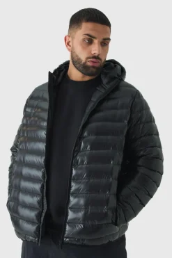 Sale boohooMAN Plus High Shine Hooded Puffer Jacket In black