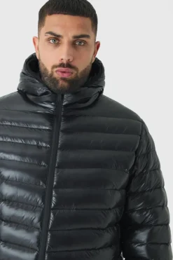 Sale boohooMAN Plus High Shine Hooded Puffer Jacket In black