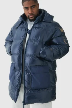 Hot boohooMAN Plus High Shine Mid Length Puffer navy