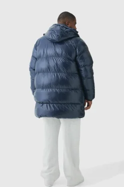Hot boohooMAN Plus High Shine Mid Length Puffer navy