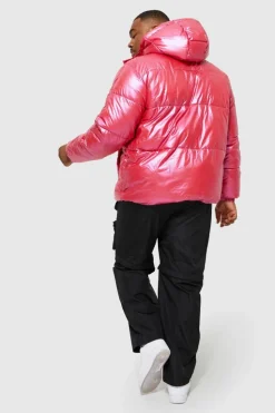 New boohooMAN Plus High Shine Ripstop Man Print Tape Puffer red