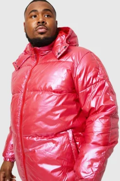 New boohooMAN Plus High Shine Ripstop Man Print Tape Puffer red