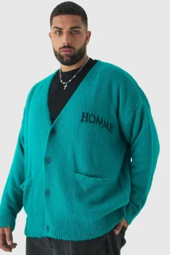Discount boohooMAN Plus Homme Fluffy Knit Cardigan forest