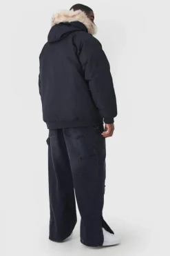 Best boohooMAN Plus Hooded Parka With Removeable Faux Fur Trim In black
