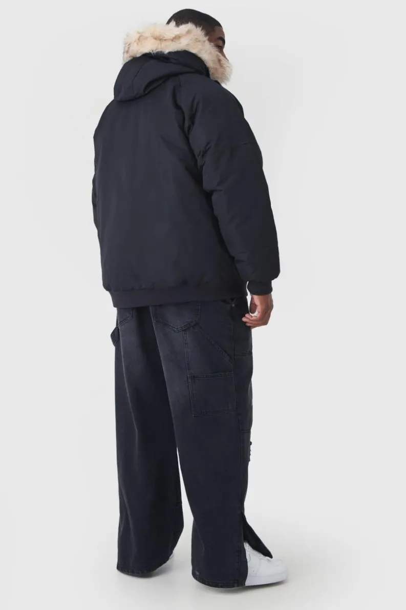 Best boohooMAN Plus Hooded Parka With Removeable Faux Fur Trim In black