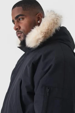 Best boohooMAN Plus Hooded Parka With Removeable Faux Fur Trim In black