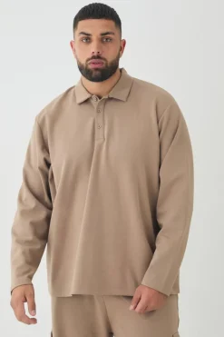 Fashion boohooMAN Plus Interlock Smart Rugby Polo taupe