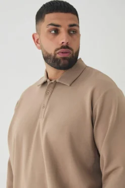 Fashion boohooMAN Plus Interlock Smart Rugby Polo taupe