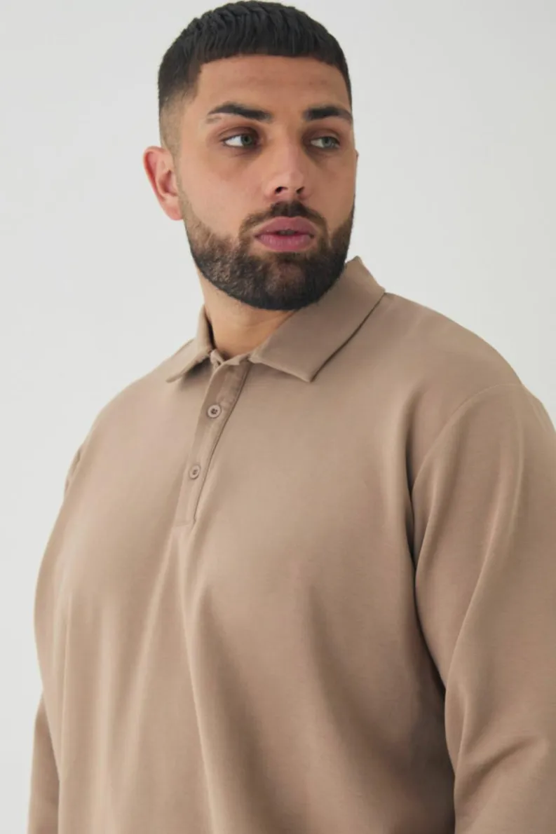 Fashion boohooMAN Plus Interlock Smart Rugby Polo taupe