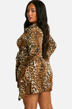 Sale boohoo Plus Print Wrap Shirt Dress leopard