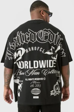 Online boohooMAN Plus Limited Edition Moto Over The Seam Graphic Back Print T-shirt In black