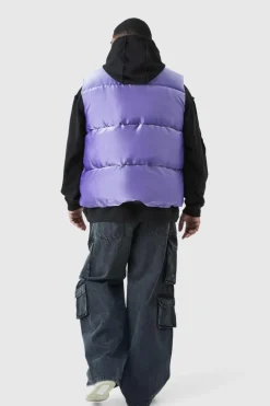 Shop boohooMAN Plus Liquid Metallic Nylon Padded Gilet purple