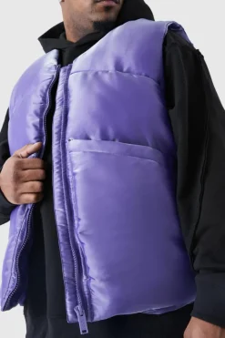 Shop boohooMAN Plus Liquid Metallic Nylon Padded Gilet purple