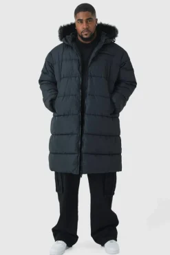Online boohooMAN Plus Longline Faux Fur Hooded Puffer Jacket In black
