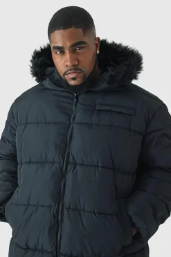 Online boohooMAN Plus Longline Faux Fur Hooded Puffer Jacket In black