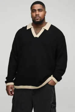 Online boohooMAN Plus Long Sleeved Oversized Contrast Collar Knitted Polo black