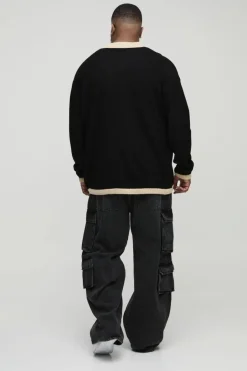 Online boohooMAN Plus Long Sleeved Oversized Contrast Collar Knitted Polo black