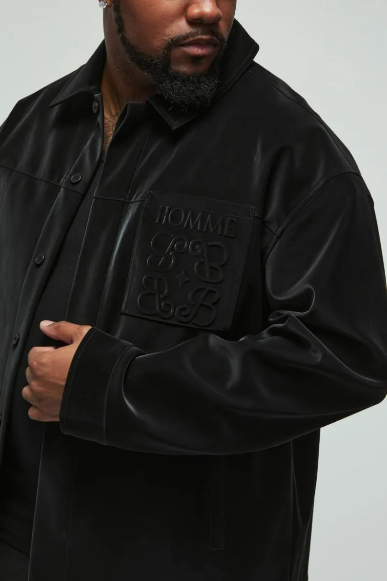 New boohooMAN Plus Long Sleeve Embossed Detail PU Overshirt black