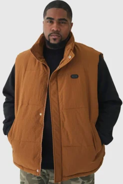 Fashion boohooMAN Plus Man Ripstop Funnel Neck Puffer Gilet In tan