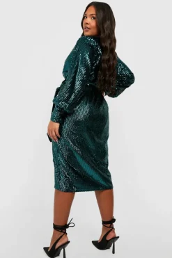 Sale boohoo Plus Matte Sequin Wrap Midi Dress green