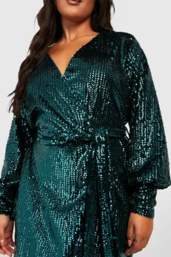 Sale boohoo Plus Matte Sequin Wrap Midi Dress green