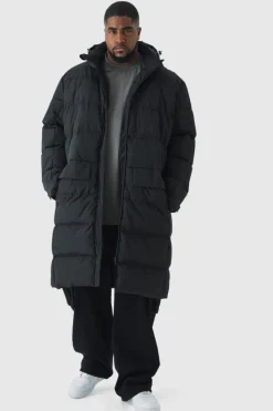 Online boohooMAN Plus Mid Length Hooded Puffer Jacket In black