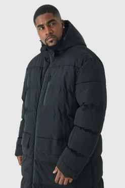 Online boohooMAN Plus Mid Length Hooded Puffer Jacket In black