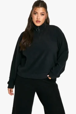 Sale boohoo Plus Mid Zip Fleece Sweatshirt black