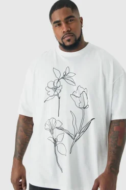 Fashion boohooMAN Plus Mono Abstract Floral Printed T-shirt In white