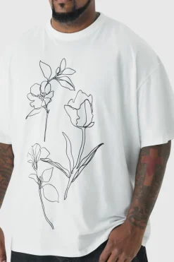 Fashion boohooMAN Plus Mono Abstract Floral Printed T-shirt In white