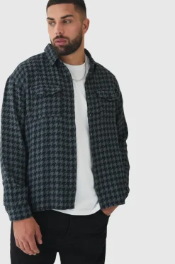 Sale boohooMAN Plus Mono Checked Regular Fit Shirt black