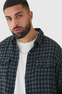 Sale boohooMAN Plus Mono Checked Regular Fit Shirt black