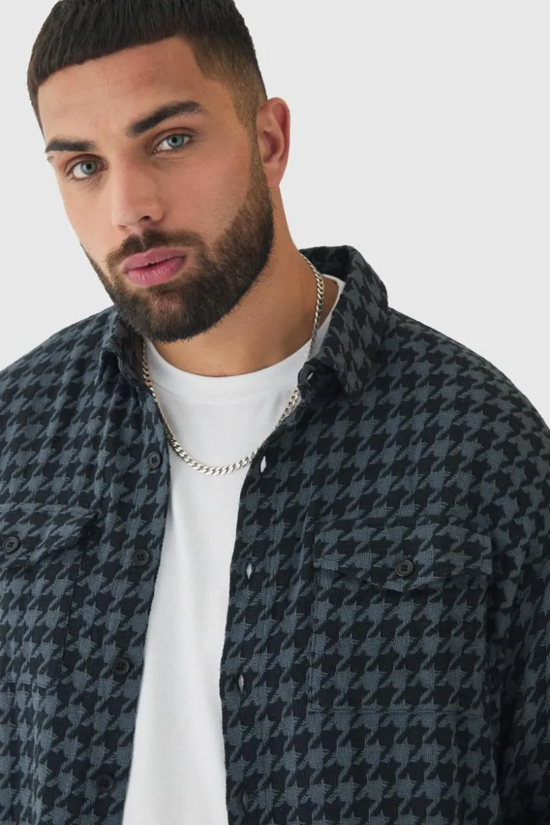 Sale boohooMAN Plus Mono Checked Regular Fit Shirt black