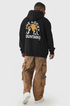 Shop boohooMAN Plus Mountains Graphic Oversized Hoodie black