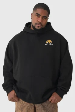 Shop boohooMAN Plus Mountains Graphic Oversized Hoodie black