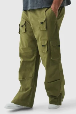 Sale boohooMAN Plus Multi Split Hem Relaxed Fit Cargo Trousers khaki