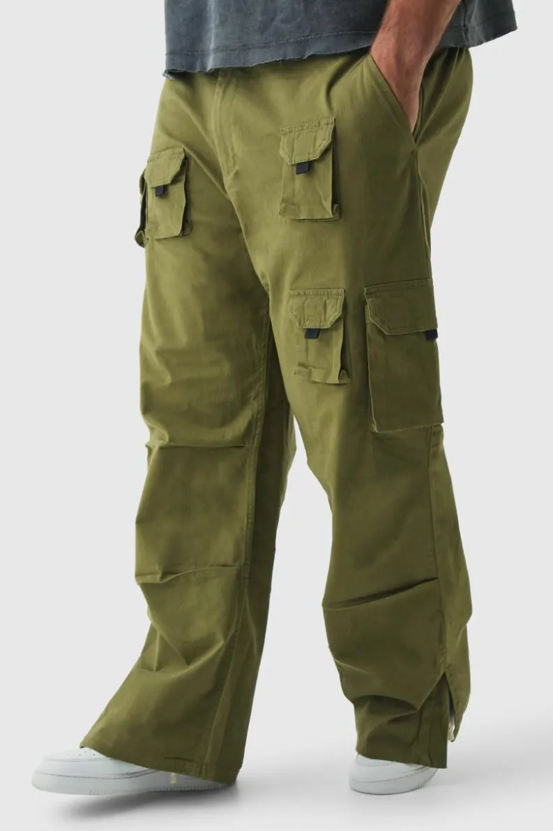 Sale boohooMAN Plus Multi Split Hem Relaxed Fit Cargo Trousers khaki