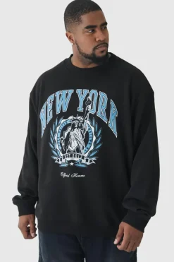 Online boohooMAN Plus New York Print Oversized Extended Neck Sweatshirt in black