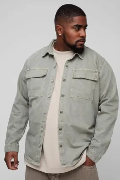 Clearance boohooMAN Plus Overdye Relaxed Fit Cargo Denim Overshirt sage