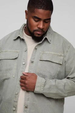 Clearance boohooMAN Plus Overdye Relaxed Fit Cargo Denim Overshirt sage