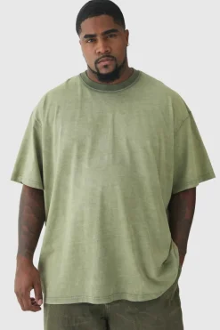 Clearance boohooMAN Plus Oversized Acid Wash T-Shirt khaki