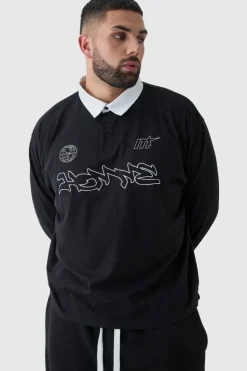 Clearance boohooMAN Plus Oversized Applique Rugby Polo black