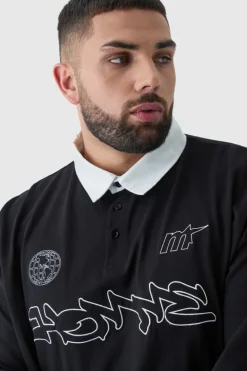 Clearance boohooMAN Plus Oversized Applique Rugby Polo black
