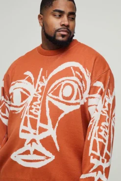 Cheap boohooMAN Plus Oversized Boxy Abstract Line Face Knitted Jumper rust